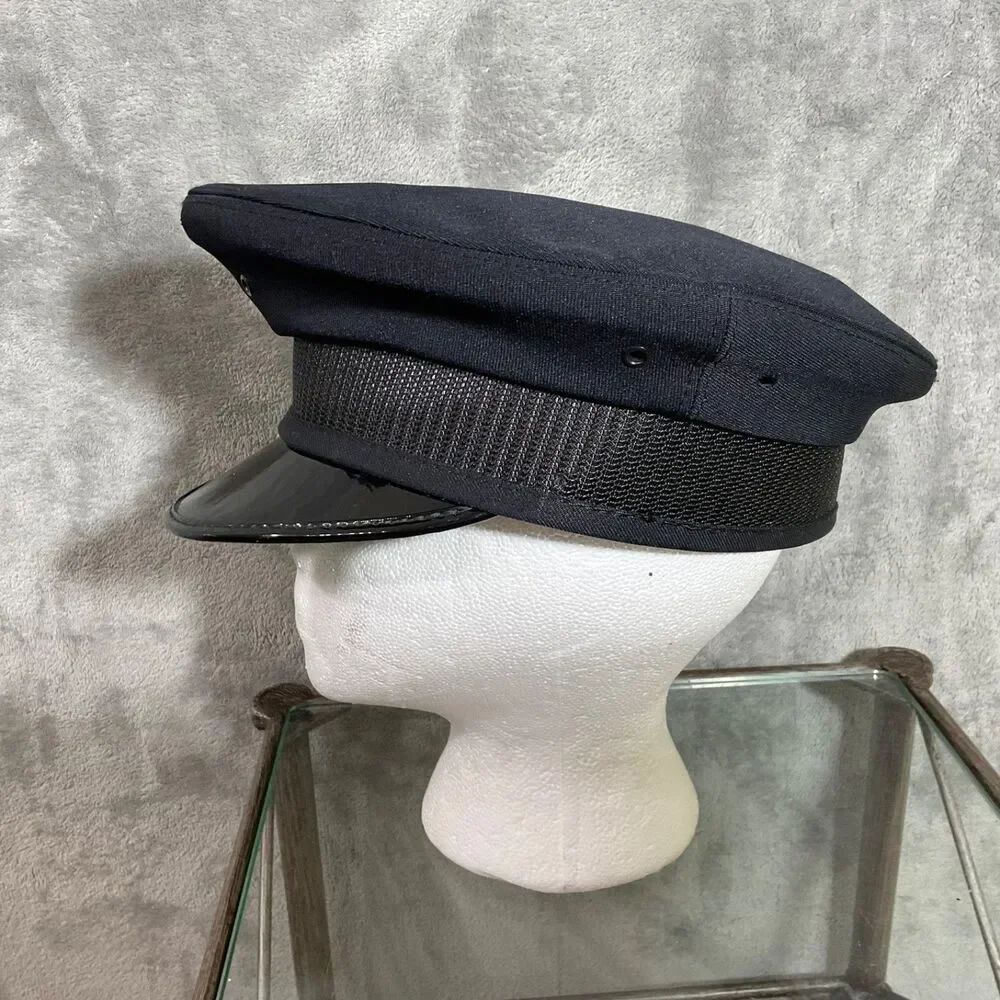 5 Star Police Hat Midway Cap Co. Black Strap Silver P Button size 7 3/8